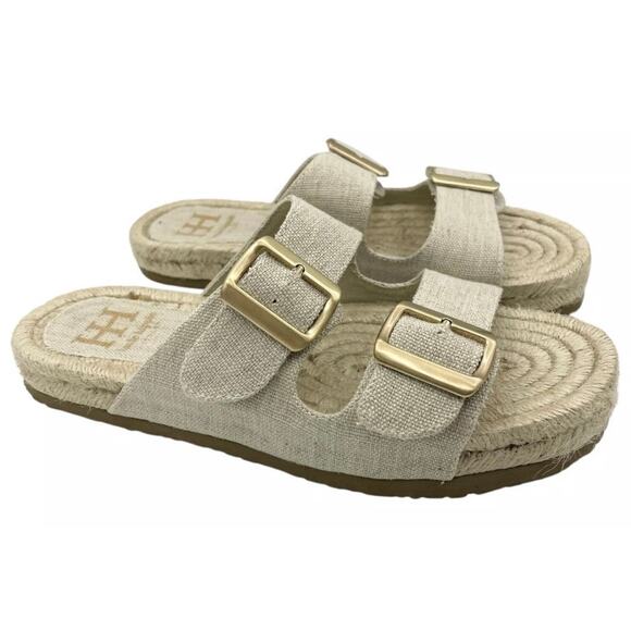 Haute Hippie Shoes - HAUTE HIPPIE | Beige Cream Linen Jute Sandals Gold Buckles Slide On | Size 7.5